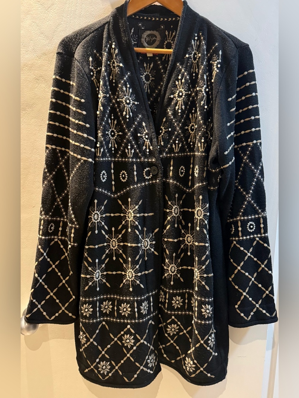 Johnny Was Black Embroidered Cardigan with Cream & Faux Pearl Motifs
